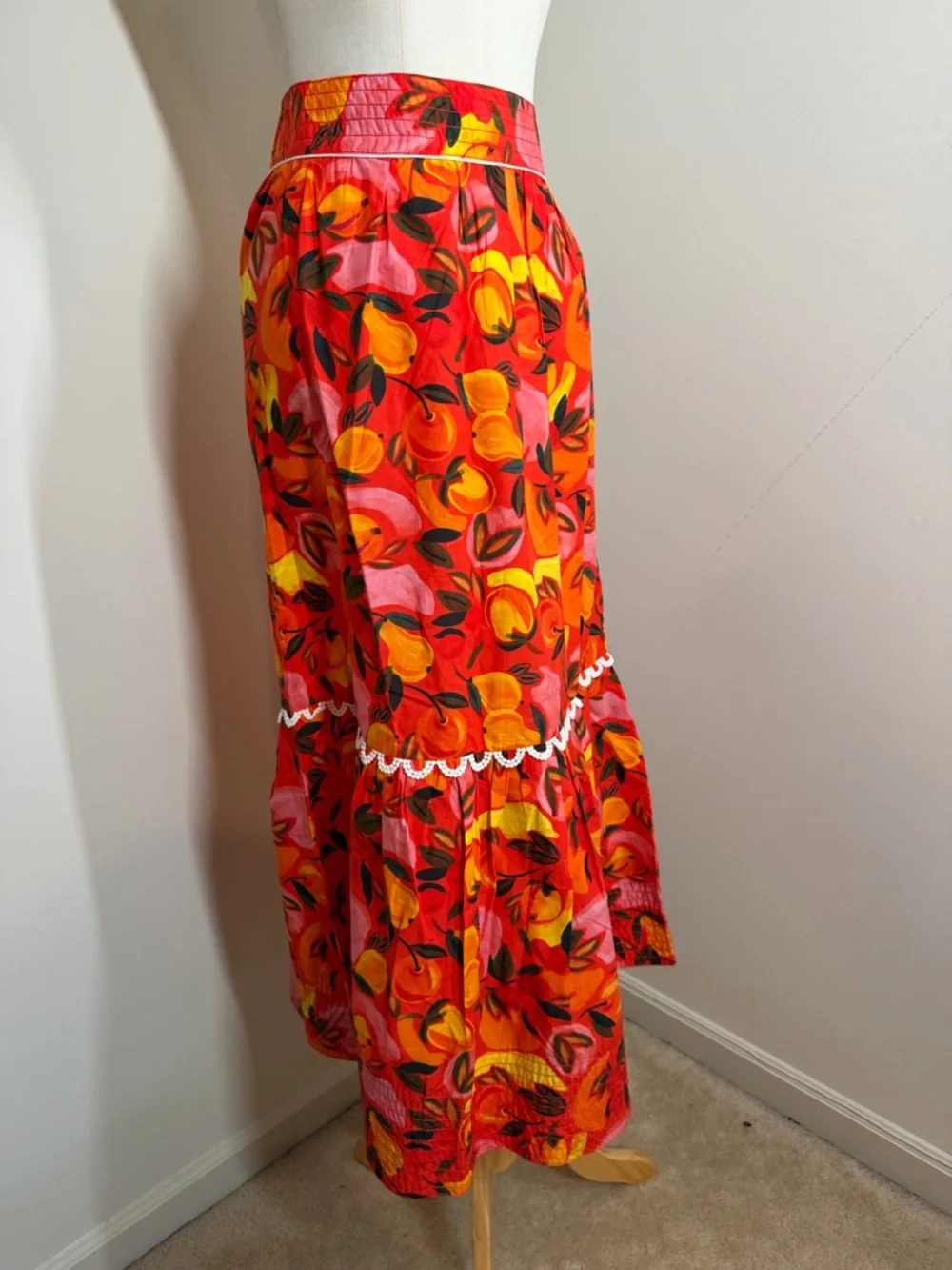 NEW Farm Rio Anthropologie Fruit Print -SZ L- Tiered-Flare Midi Skirt Orange Red